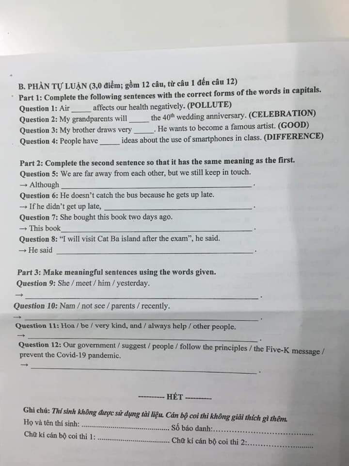 Đáp án Đề thi tuyển sinh lớp 10 môn Anh Cần Thơ 2021