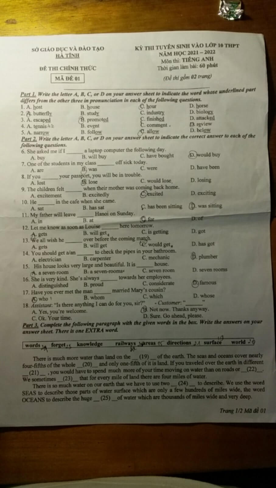 Đáp án Đề thi tuyển sinh lớp 10 môn Anh Hà Tĩnh 2021