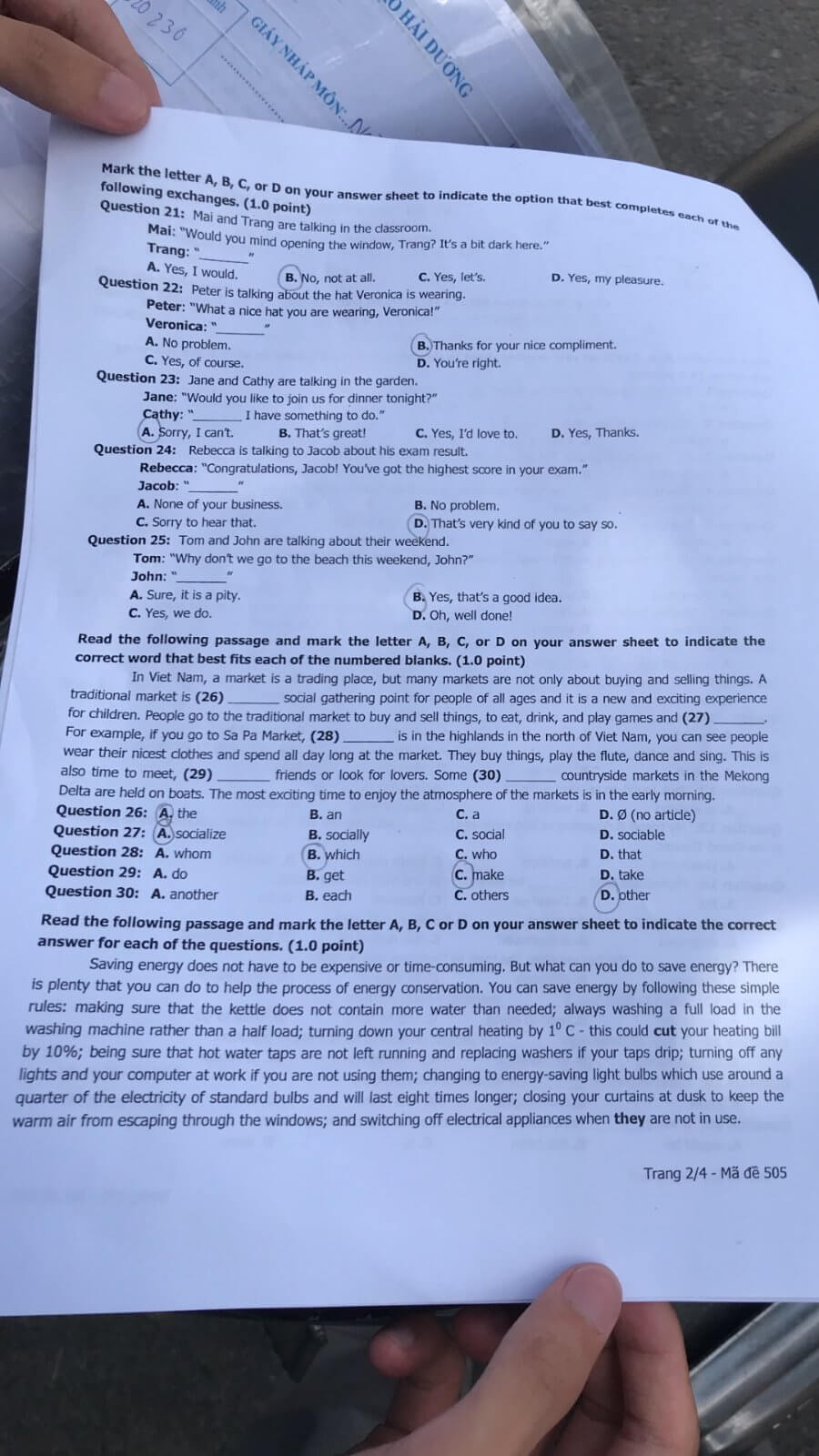 Đáp án đề thi tuyển sinh lớp 10 môn Anh tỉnh Hải Dương 2021
