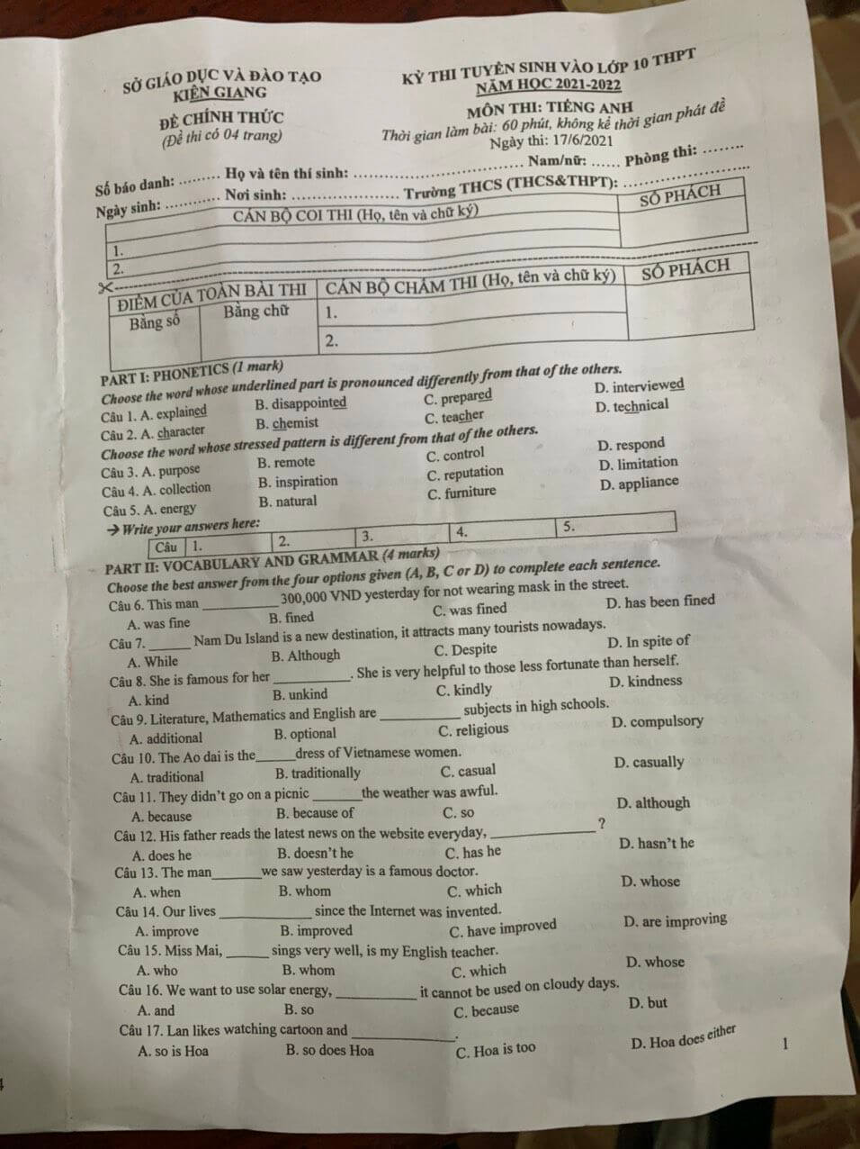 Đáp án đề thi tuyển sinh lớp 10 môn Anh tỉnh Kiên Giang 2021