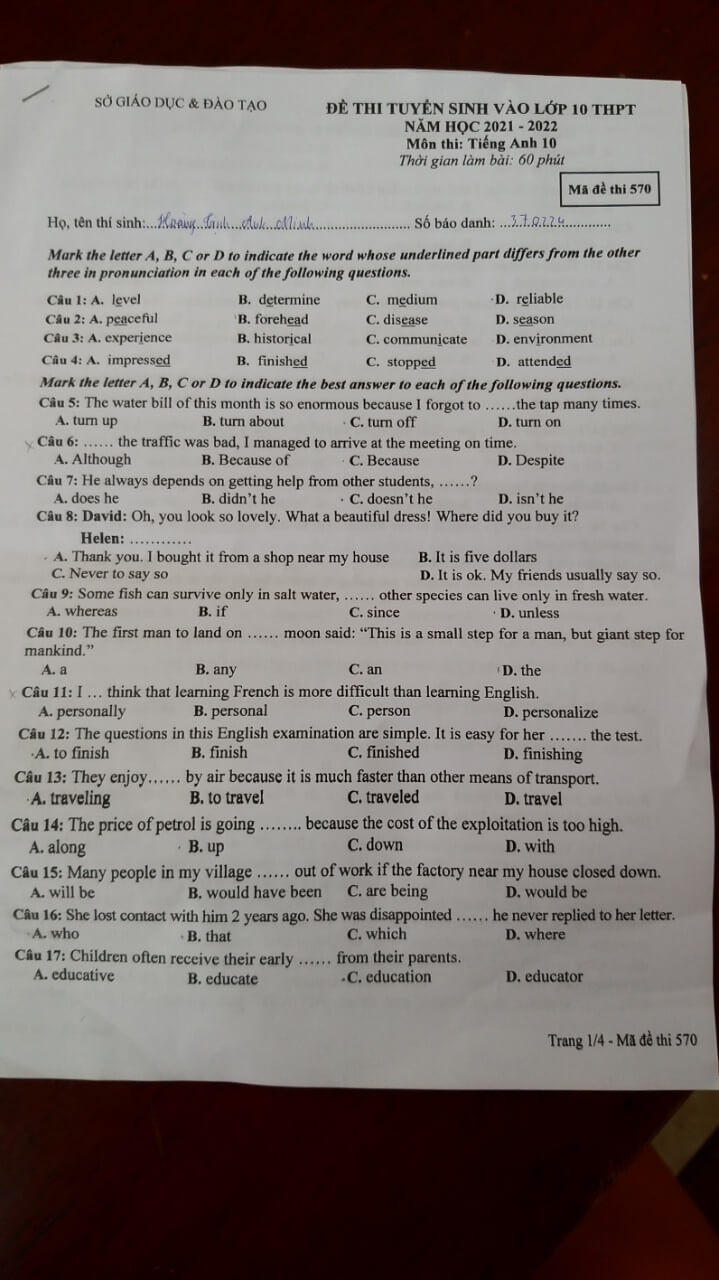 Đáp án đề thi vào lớp 10 môn tiếng Anh Đắk Nông 2021