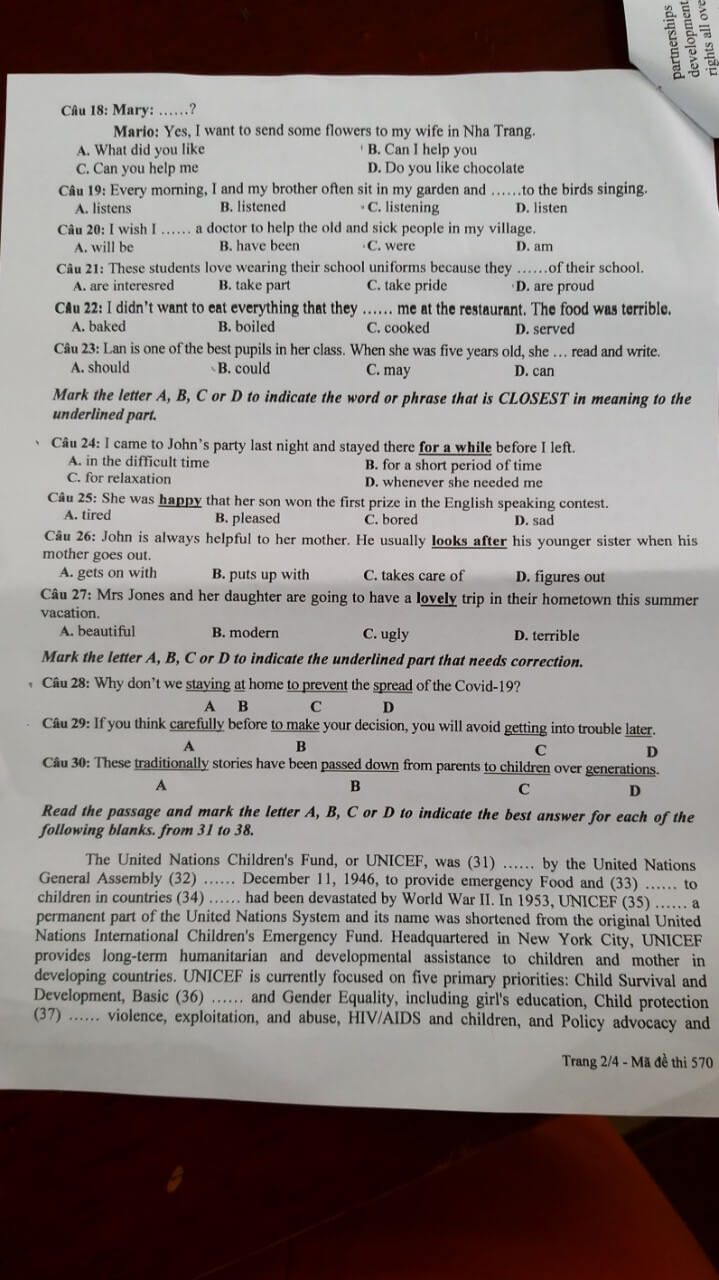 Đáp án đề thi vào lớp 10 môn tiếng Anh Đắk Nông 2021