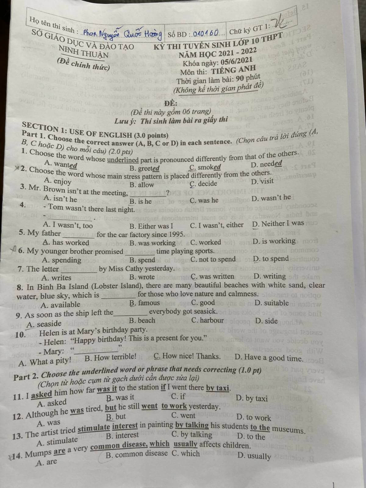 Đáp án đề thi vào lớp 10 môn tiếng Anh Ninh Thuận 2021