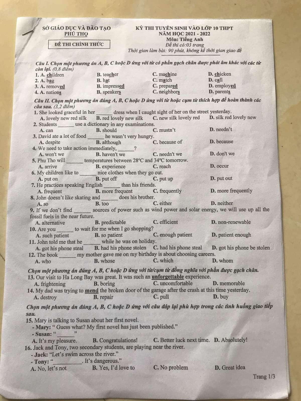 Đáp án đề thi vào lớp 10 môn tiếng Anh Phú Thọ 2021