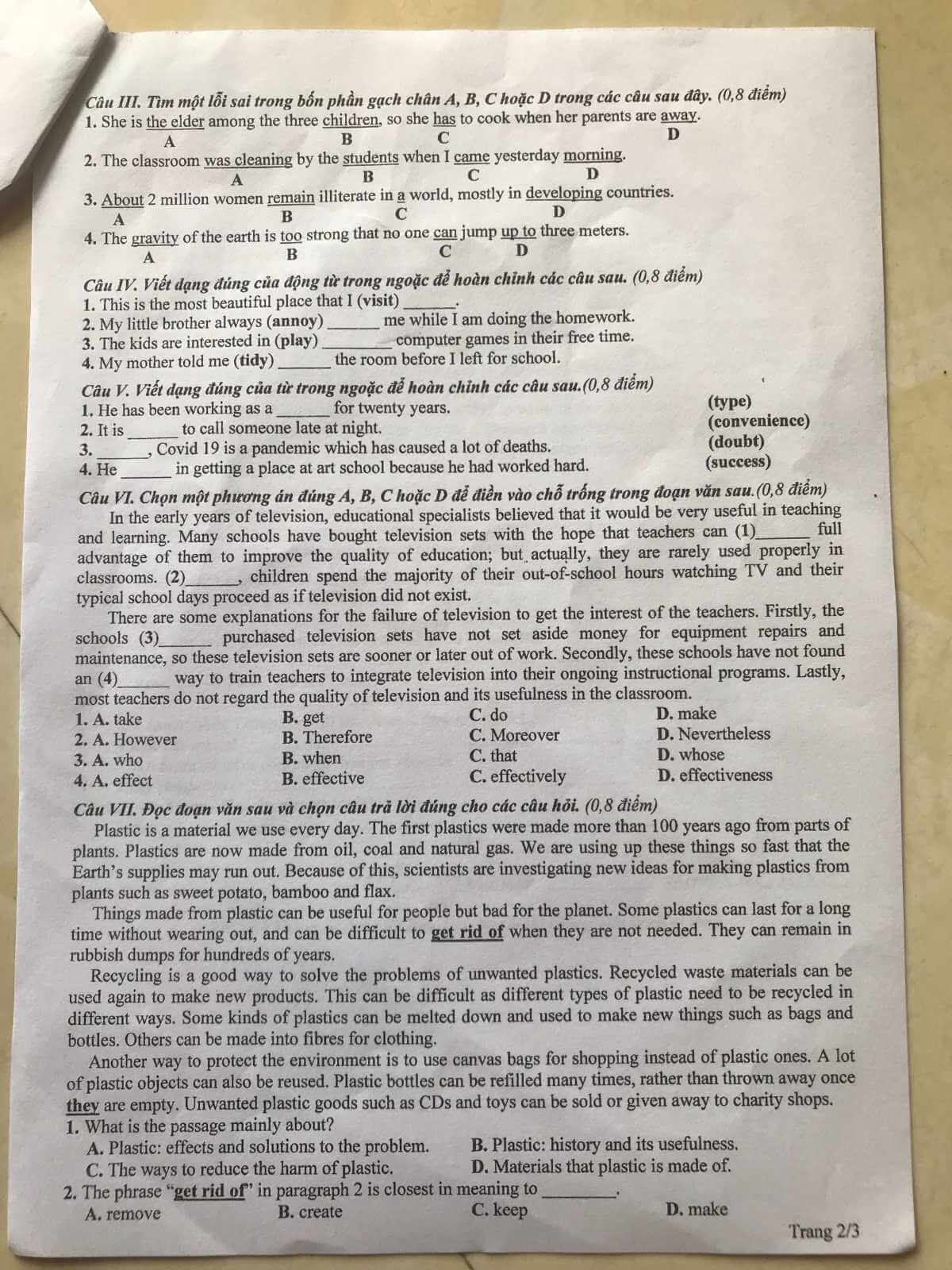 Đáp án đề thi vào lớp 10 môn tiếng Anh Phú Thọ 2021