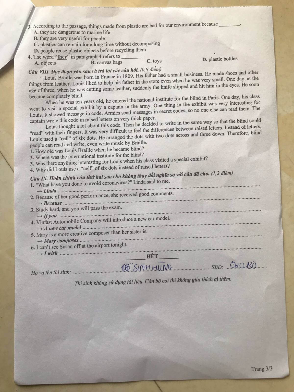 Đáp án đề thi vào lớp 10 môn tiếng Anh Phú Thọ 2021