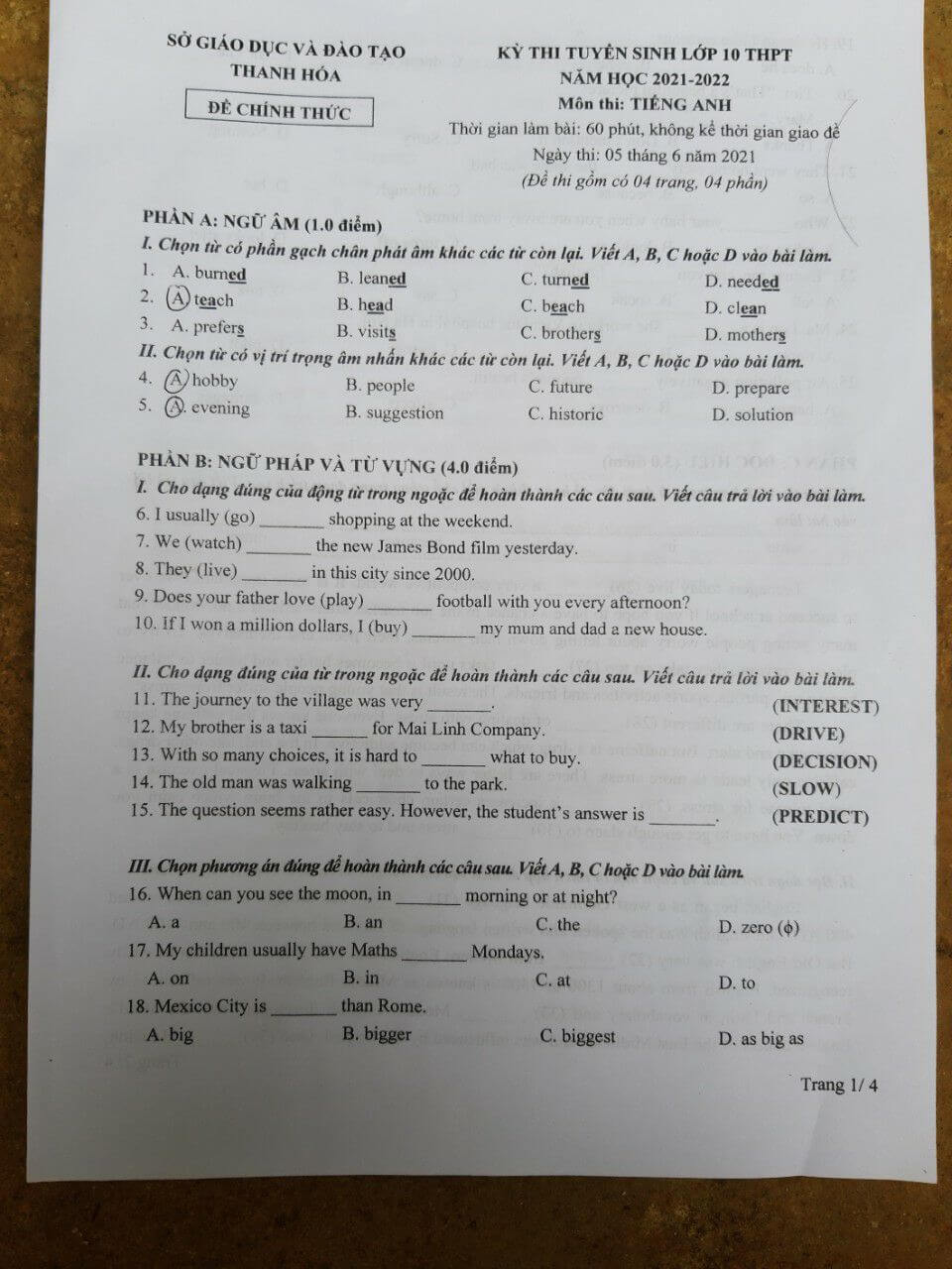 Đáp án đề thi vào lớp 10 môn tiếng Anh Thanh Hóa 2021