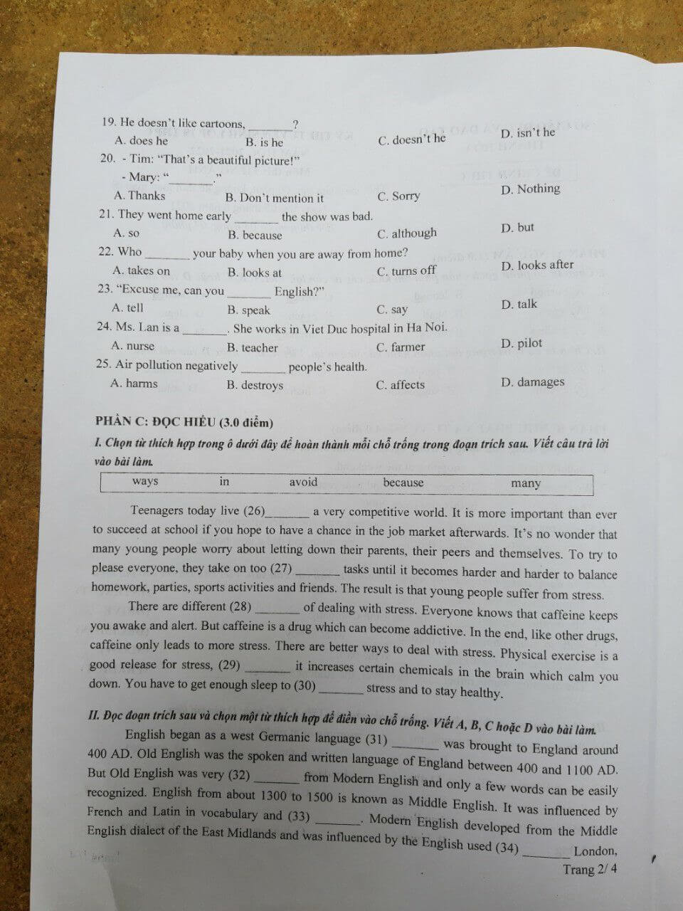 Đáp án đề thi vào lớp 10 môn tiếng Anh Thanh Hóa 2021