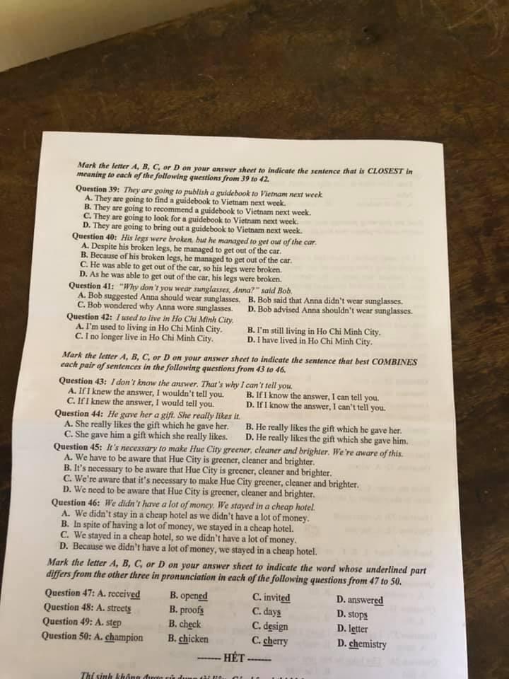 Đáp án đề thi vào lớp 10 môn tiếng Anh Thừa Thiên Huế 2021