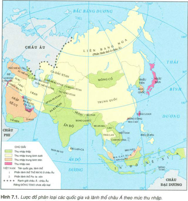 Dựa vào hình 7.1, hãy thống kê tên các nước vào các nhóm có thu nhập như nhau và cho biết số nước có thu nhập cao tập trung nhiều nhất ở khu vực nào?