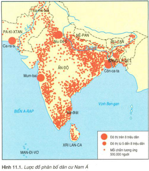 Căn cứ vào hình 11.1, em có nhận xét gì về đặc điểm phân bố dân cư của Nam Á
