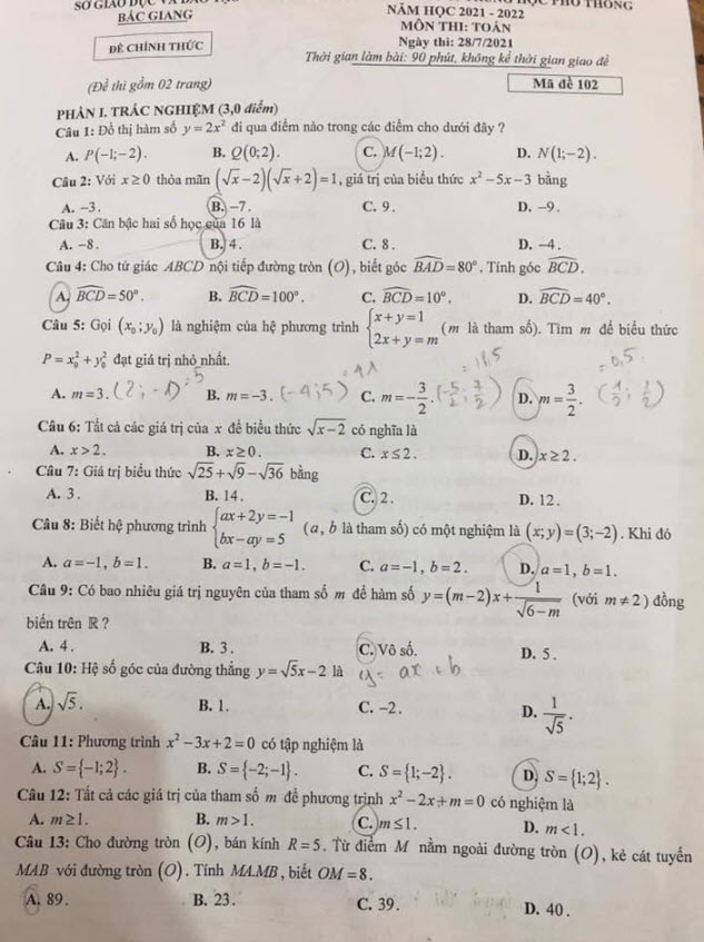 Đề thi tuyển sinh lớp 10 môn Toán Bắc Giang 2021