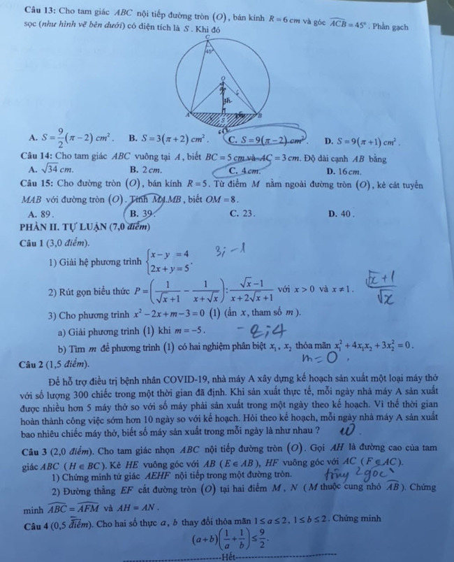Đề thi tuyển sinh lớp 10 môn Toán Bắc Giang 2021
