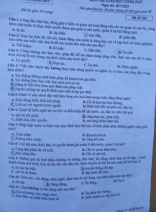 Đề vào lớp 10 môn GDCD tỉnh Bắc Giang năm 2021