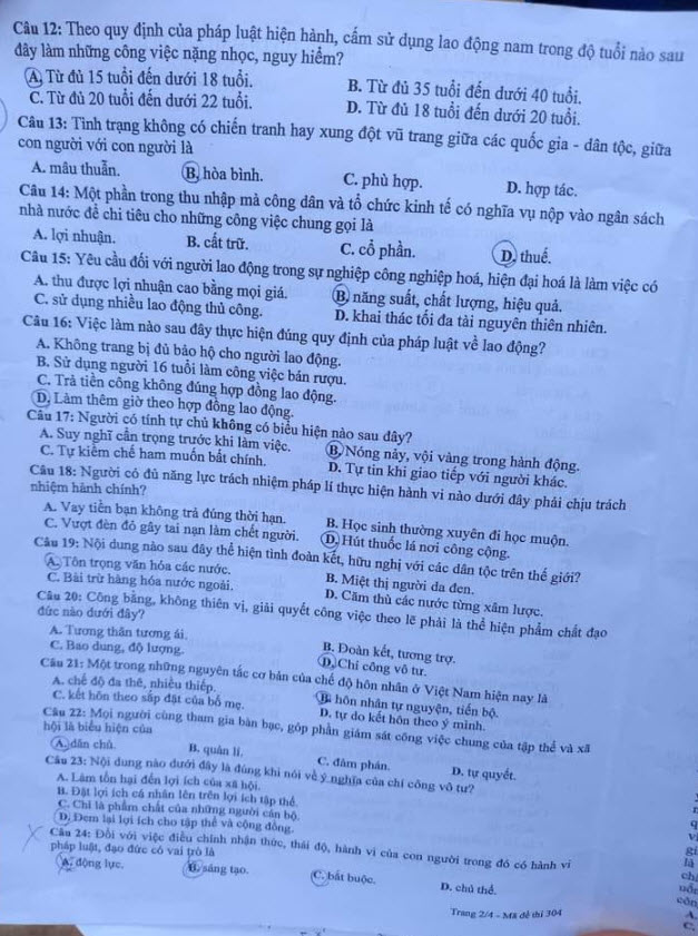 Đề vào lớp 10 môn GDCD tỉnh Bắc Giang năm 2021