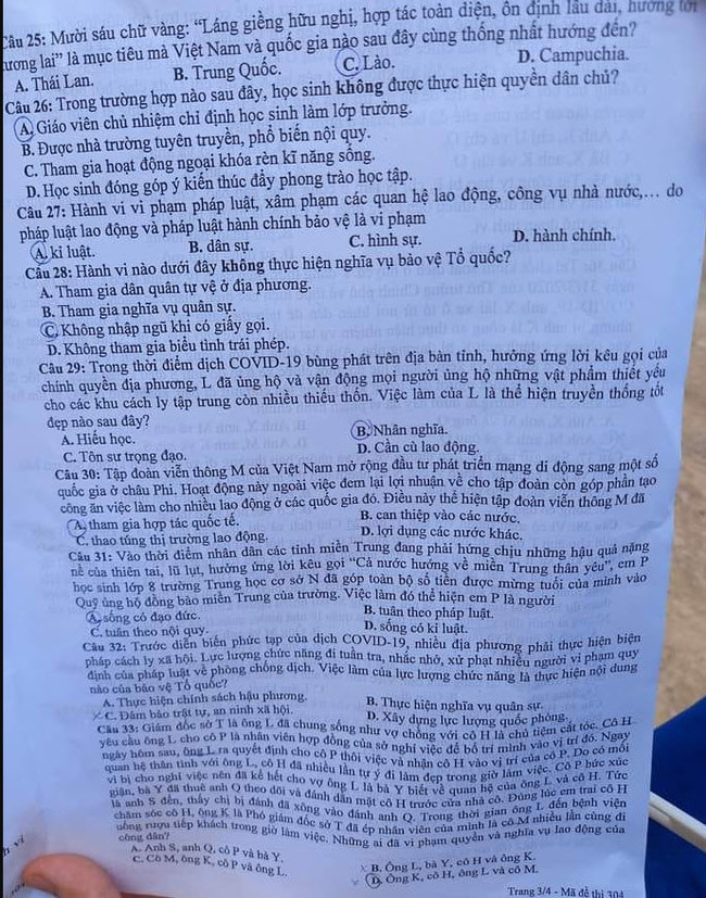 Đề vào lớp 10 môn GDCD tỉnh Bắc Giang năm 2021