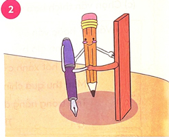 Kim trò chuyện với người bạn mới. Thước kẻ xin lỗi bút chì và bút mực.