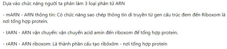Có bao nhiêu loại phân tử ARN và người ta phân loại chúng theo tiêu chí nào