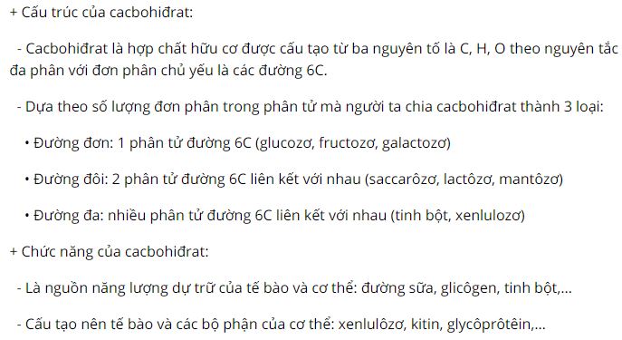 Nêu các cấu trúc và chức năng của các loại cacbohiđrat