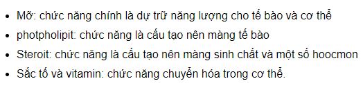 Nêu các loại lipit và cho biết chức năng của các loại lipit