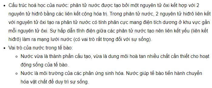 Trình bày cấu trúc hoá học của nước và vai trò của nước trong tế bào