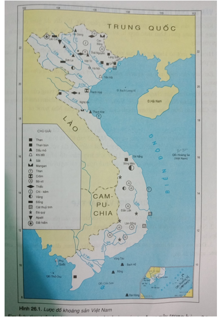 Điền lên bản đồ trống các mỏ khoáng sản sau đây: than, dầu mỏ, bô xít, sắt, crôm, thiếc, apatít, đá quý
