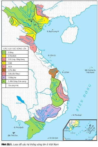 Xác định trên hình 33.1 (SGK trang 118) chín hệ thống sông lớn của nước ta