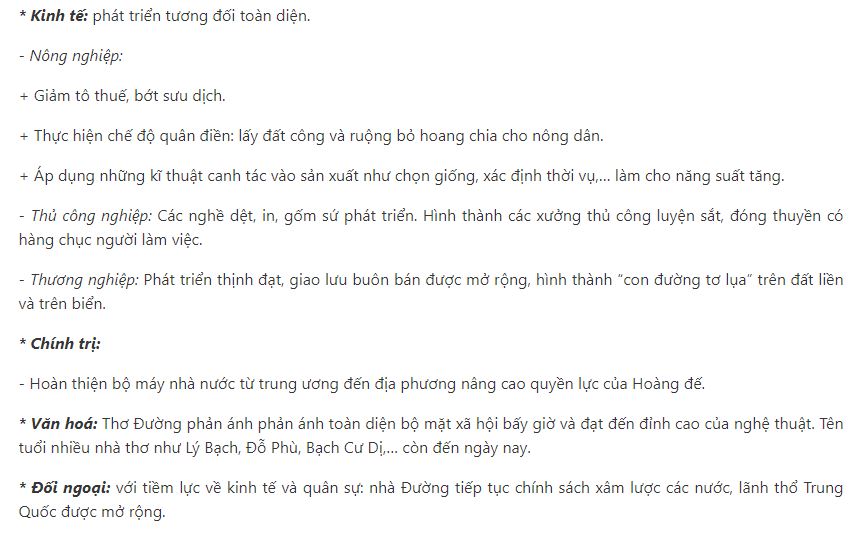 Những biểu hiện sự thịnh trị về kinh tế, chính trị của xã hội phong kiến Trung Quốc dưới thời Đường