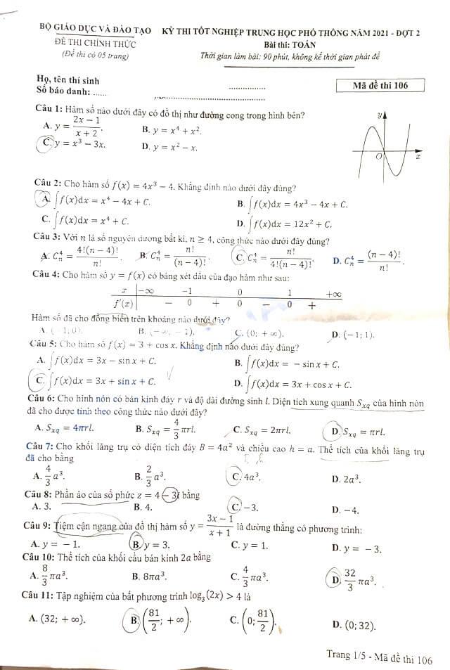 Đề thi môn Toán tốt nghiệp THPT 2021 đợt 2 đầy đủ mã đề 0