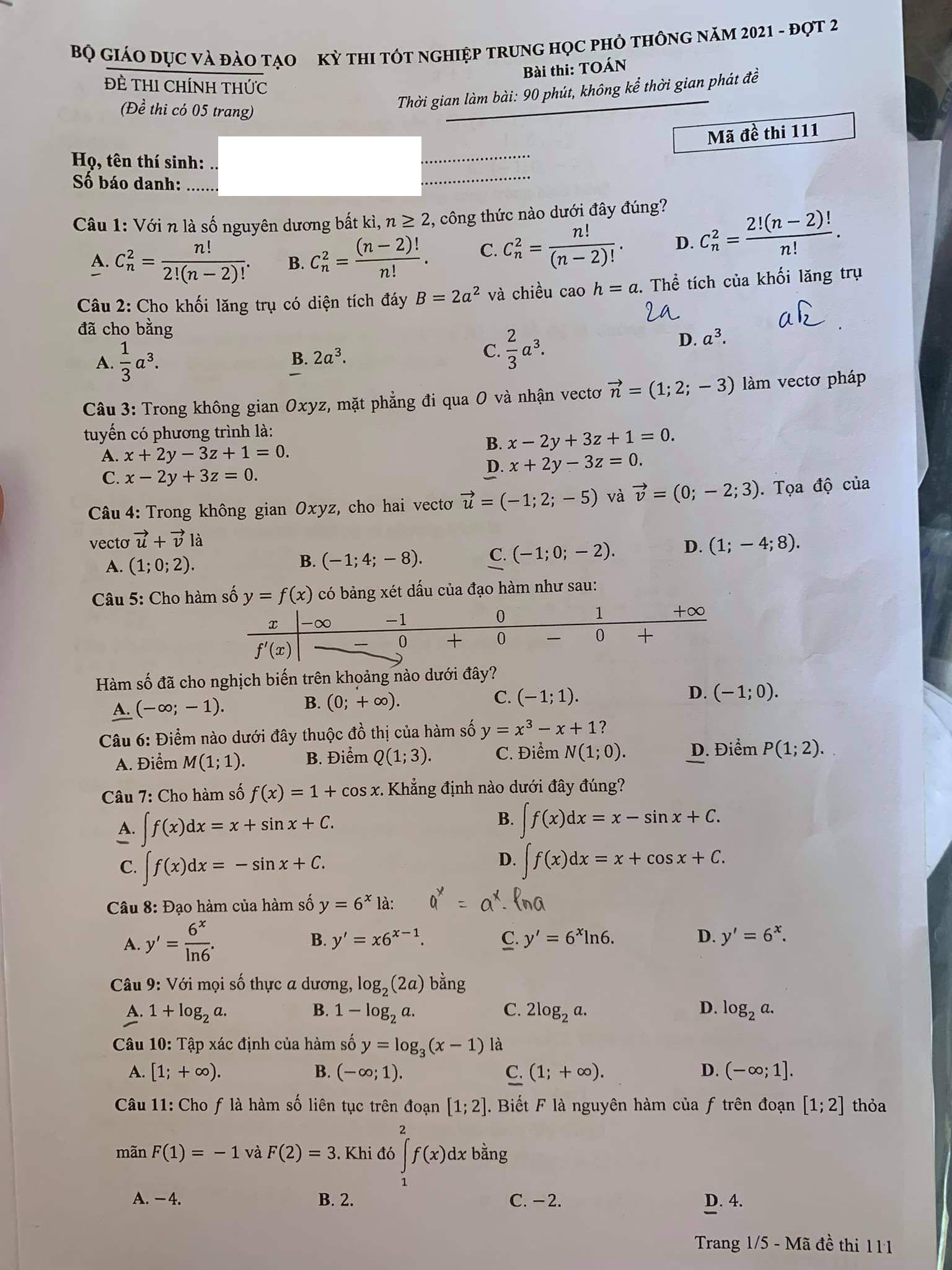 Đề thi môn Toán tốt nghiệp THPT 2021 đợt 2