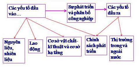 Hãy sắp xếp các nhân tố tự nhiên và kinh tế - xã hội (được nêu trong bài) tương ứng với các yếu tố đầu vào và đầu ra ảnh hưởng đến sự phát triển và phân bố công nghiệp?