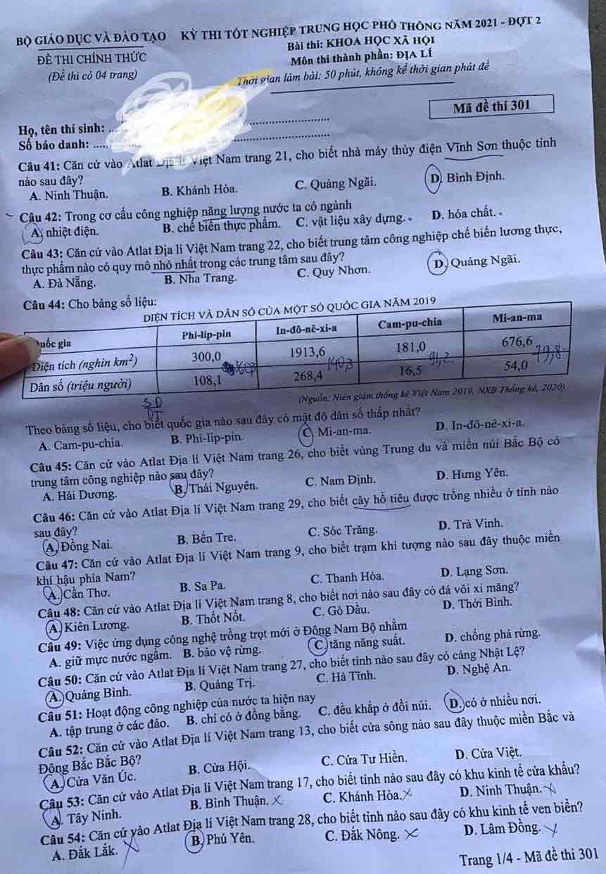 Đáp án đề thi THPT Quốc gia 2021 môn Địa lý đợt 2