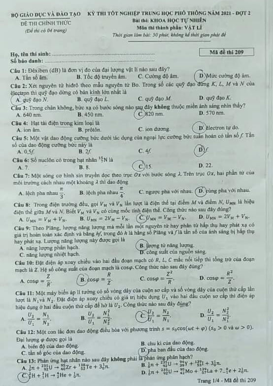 Đề thi THPT Quốc gia 2021 môn Lý đợt 2