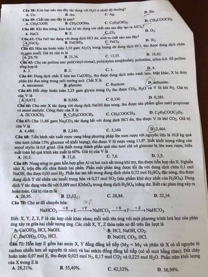 Đáp án đợt 2 THPT Quốc gia 2021 môn Hóa