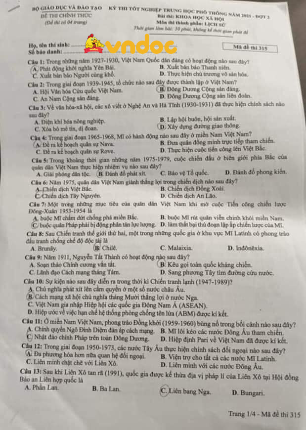 Đề thi THPT Quốc Gia 2021 môn Sử đợt 2