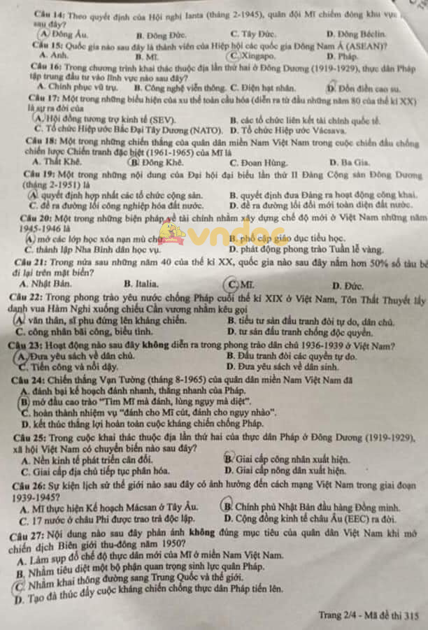 Đề thi THPT Quốc Gia 2021 môn Sử đợt 2