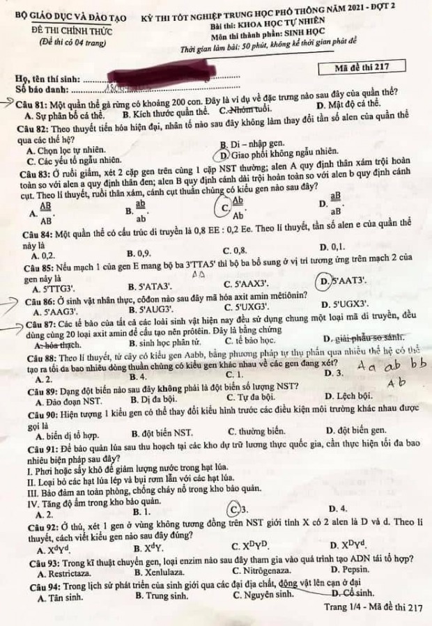 Đề thi THPT Quốc Gia môn Sinh