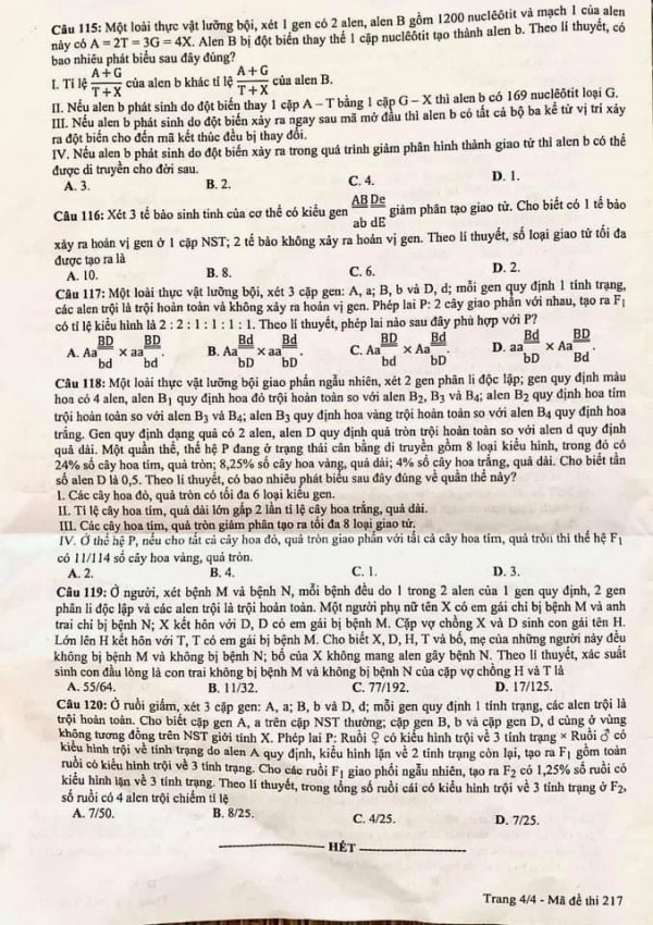 Đề thi THPT Quốc Gia môn Sinh