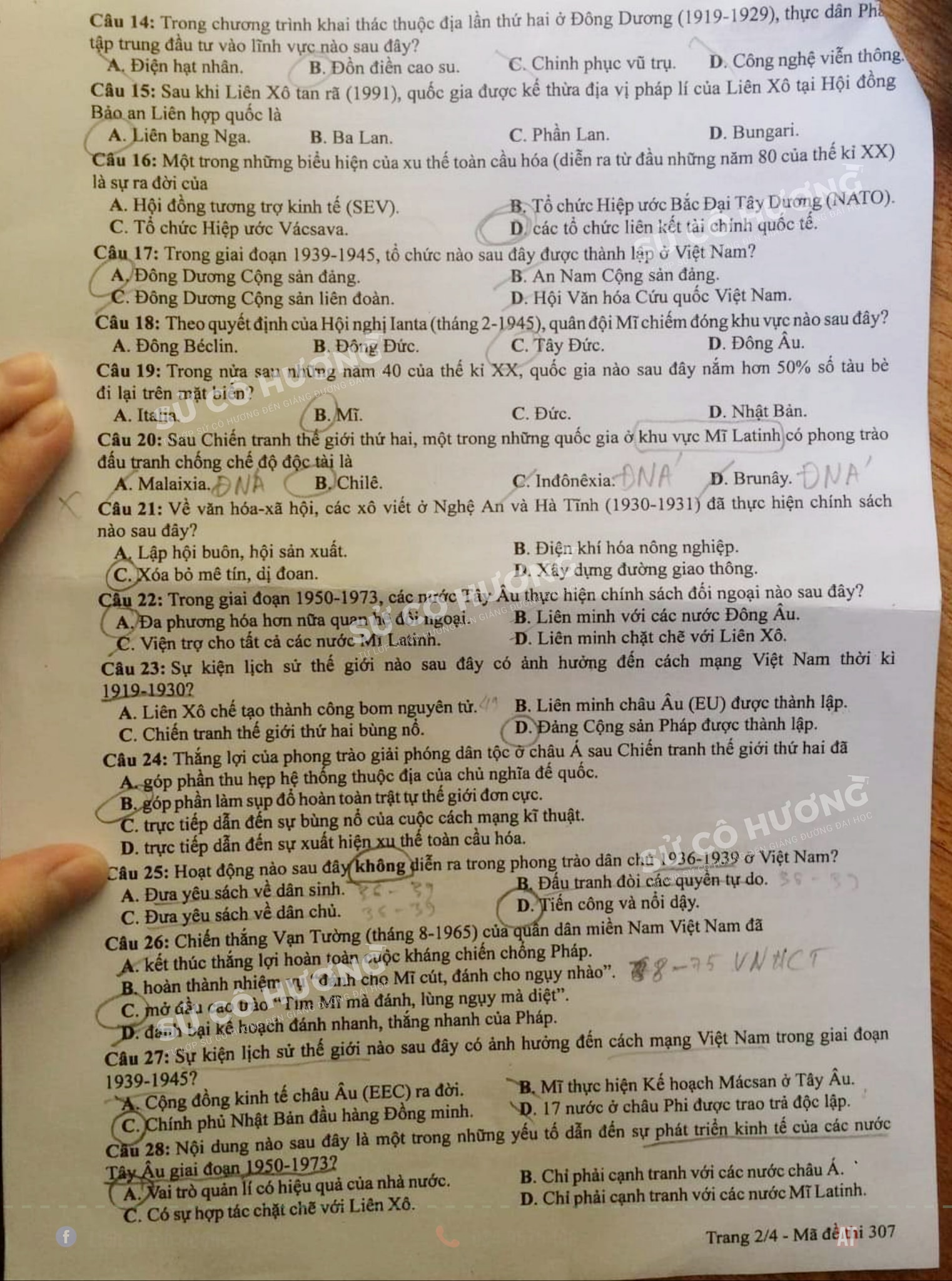 Đề thi môn Lịch sử mã đề 307