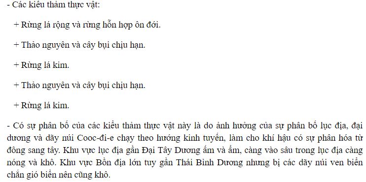 Ở lục địa Bắc Mĩ, theo vĩ tuyến 40 độ B từ đông sang tây có những kiểu thảm thực vật nào?