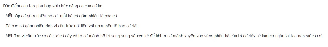 Đặc điểm cấu tạo nào của tế bào cơ phù hợp với chức năng co cơ?