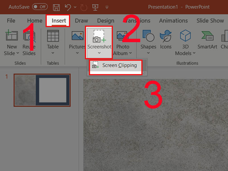 Vào Insert > Chọn Screenshot > Screen Clipping Cách chụp, quay màn hình bằng PowerPoint