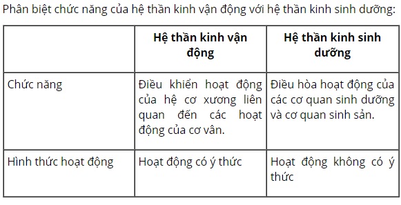 Phân biệt chức năng của hệ thần kinh vận động và hệ thần kinh sinh dưỡng