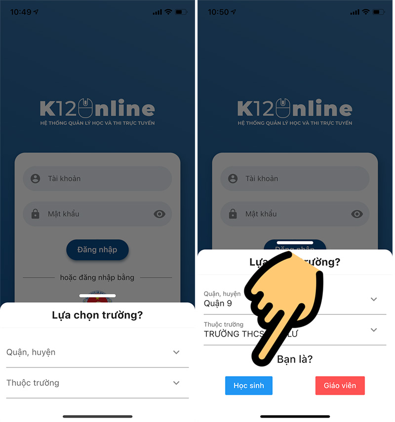Chọn quận, huyện, trường Hướng dẫn đăng nhập trên K12Online