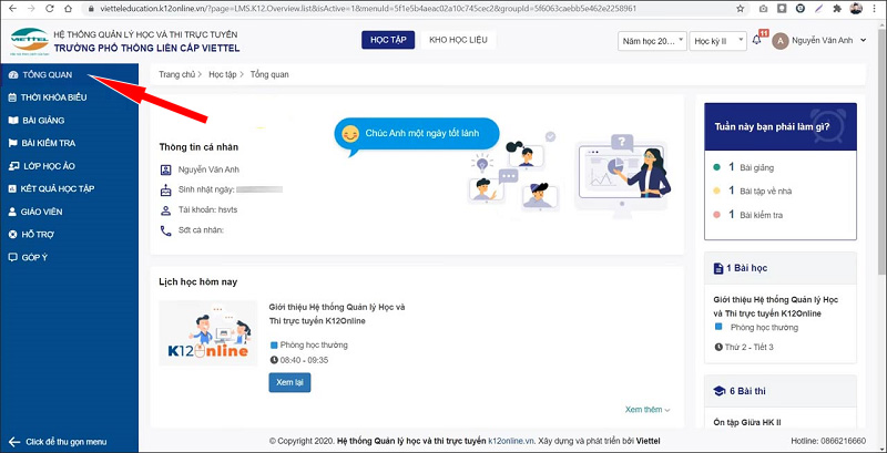 mục Tổng quan Hướng dẫn đăng nhập trên K12Online