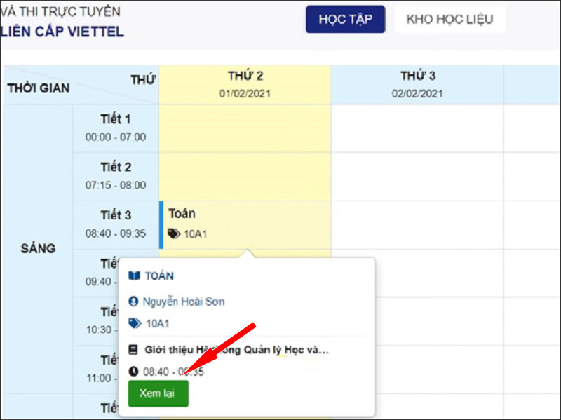 mục Thời khóa biểu Hướng dẫn đăng nhập trên K12Online