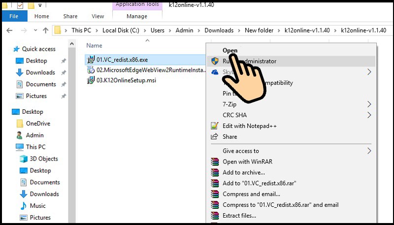 Vào folder vừa giải nén tại bấm chuột phải vào 01.VC_redist.x86.exe chọn Open Hướng dẫn tải, cài đặt phần mềm K12Online trên máy tính