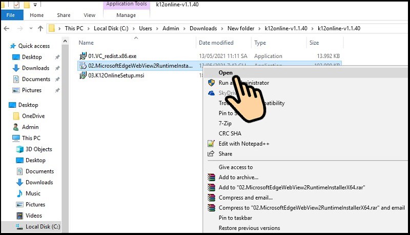 Bấm chuột phải vào 02.MicrosoftEdgeWebView2RuntimeInstallerX64.exe chọn Open Hướng dẫn tải, cài đặt phần mềm K12Online trên máy tính