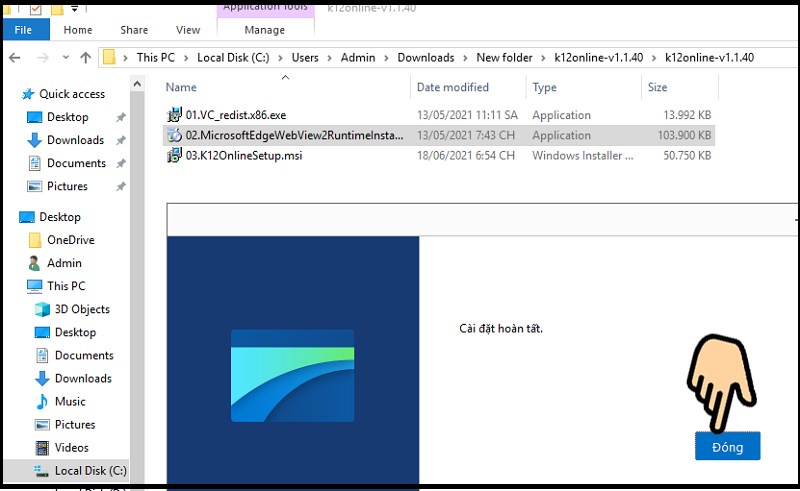 Chọn Đóng Hướng dẫn tải, cài đặt phần mềm K12Online trên máy tính