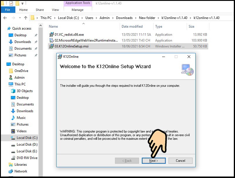 Chọn Next Hướng dẫn tải, cài đặt phần mềm K12Online trên máy tính